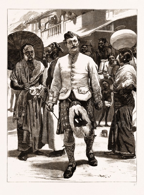 THE PRINCE OF WALES IN CEYLON, SRI LANKA, 1876: THE PRINCE'S HIGHLAND PIPER ASTONISHING THE KANDYAN NATIVES