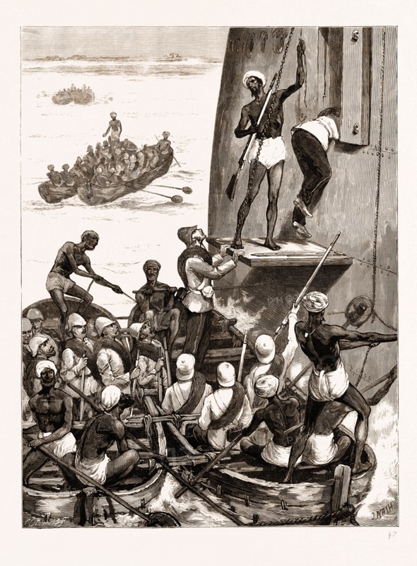 THE PRINCE OF WALES IN INDIA, 1876: TROOPS OF THE 43RD REGIMENT EMBARKING AT CANANORE TO MEET THE PRINCE
