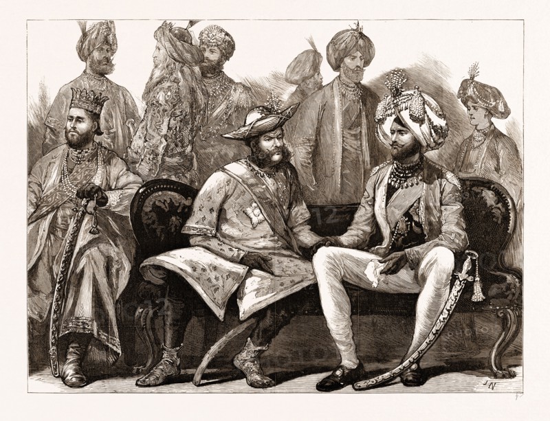 THE PRINCE OF WALES IN INDIA, 1876: AFTER THE ARRIVAL OF THE PRINCE, CALCUTTA, A GROUP OF NATICE PRINCES ON THE RECEPTION PLATFORM OF PRINSEP'S GHAUT, THE MAHARAJAH SCINDIAH