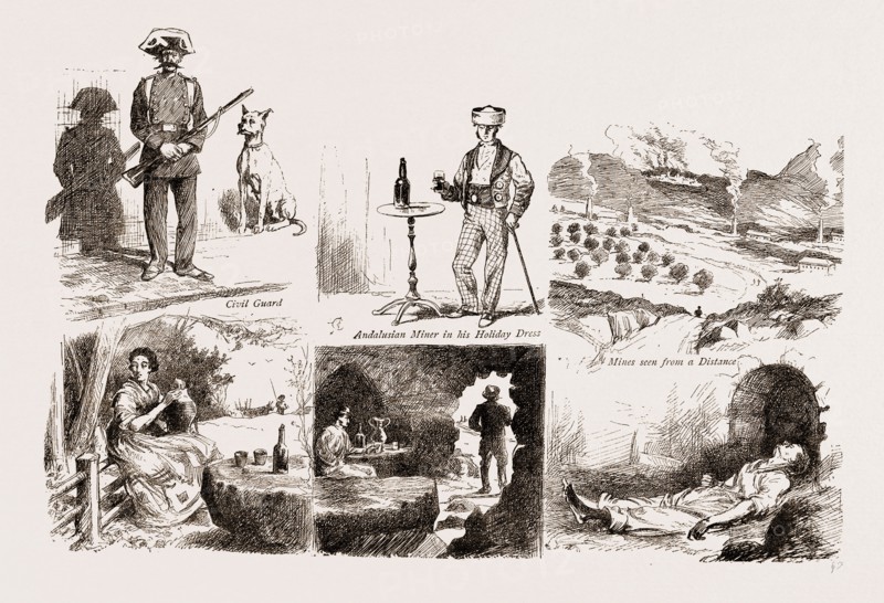 IN THE SPANISH BLACK COUNTRY, IN AN ANDALUSIAN LEAD MINING DISTRICT, 1876: Interior of a Miner's Cavern, Civil Guard, Aguardiente Seller by the Roadside