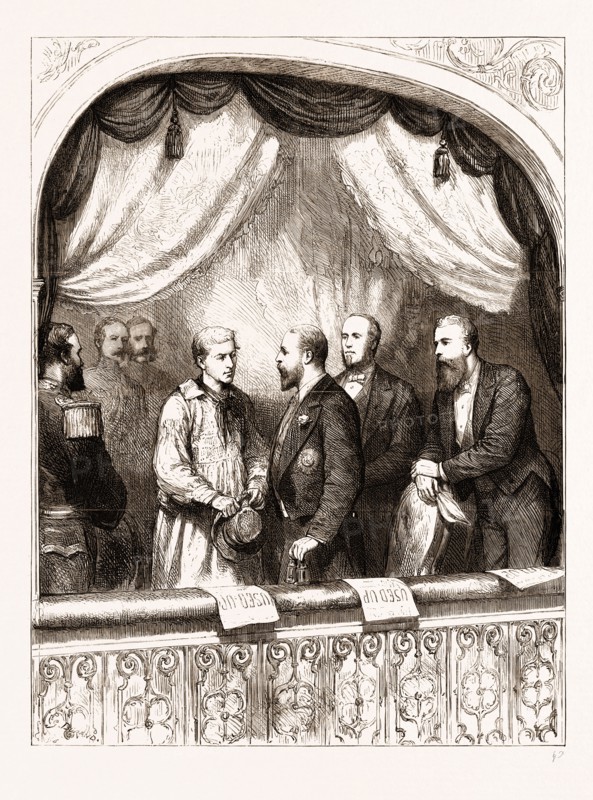 THE PRINCE AND THE PLOUGHBOY: MR. CHARLES MATHEWS IN THE PRINCE OF WALES'S BOX AT THE ENGLISH THEATRE, CALCUTTA, INDIA, 1876