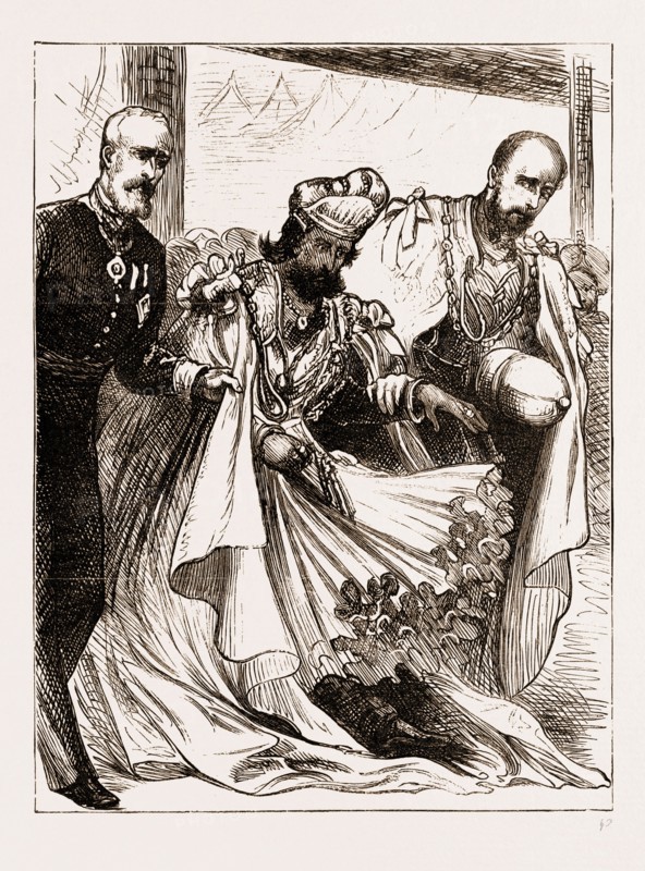 THE CHAPTER OF THE STAR OF INDIA AT CALCUTTA, INDIA, 1876: THE MAHARAJAH OF JODHPORE RETIRING FROM THE PRINCE'S PRESENCE AFTER THE INVESTITURE