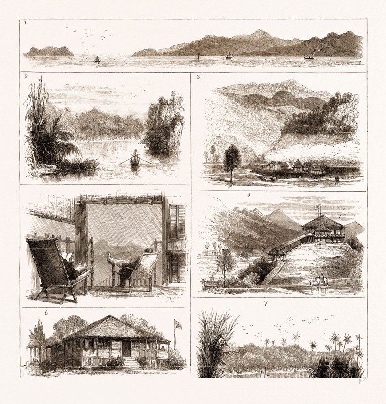 IN THE MALAY PENINSULA: 1. Pulo Remo and Part of the Island of Penang. 2. View on the Larut River. 3. A Heavy Fog. 4. At the Residency, Larut: a Wet Day. 5. The Residency, Larut. 6. Bungalow on Penang Hills. 7. View on the Krian River. 8. View from Pulo Krtw, Looking North, Province Wellesley. 9. Part of the Island of Penang, 1876