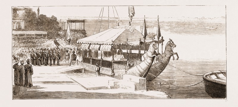 THE PRINCE OF WALES EMBARKING IN THE STATE BARGE TO VISIT THE RAJAH OF BENARES, INDIA, 1876