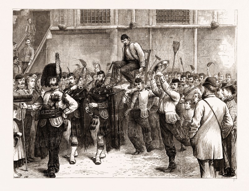 A HIGHLAND SOLDIER'S WEDDING AT STIRLING CASTLE: CHAIRING THE BRIDEGROOM, UK, 1876