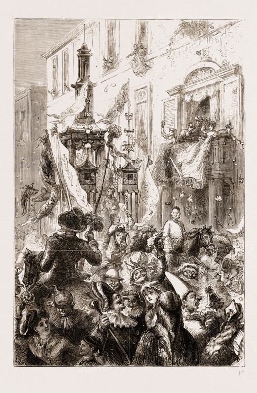 THE CARNIVAL AT ROME, ITALY, MASKS IN THE CORSO, 1876: THE CHINESE CAR