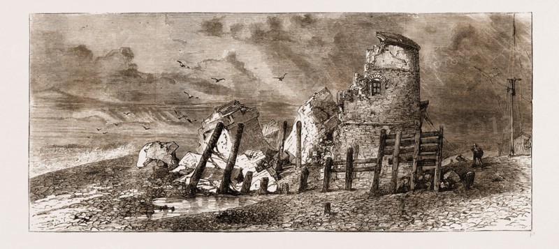 MARTELLO TOWER, HASTINGS, UK, 1876, DESTROYED BY THE RECENT GALES