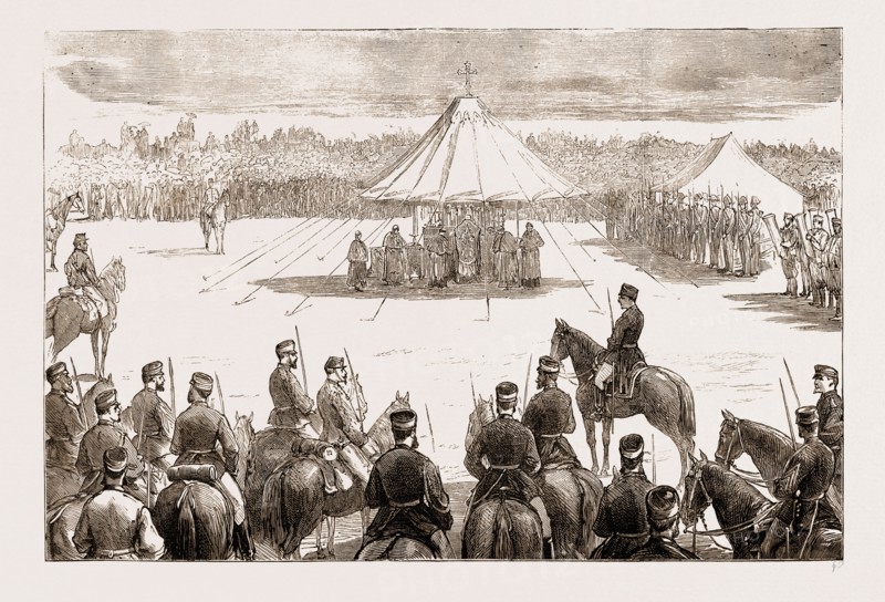 THE END OF THE CARLIST WAR: KING ALFONSO AND THE TROOPS HEARING MASS IN THE CAMP AT DEHESA DE AMANIEL, SPAIN, 1876