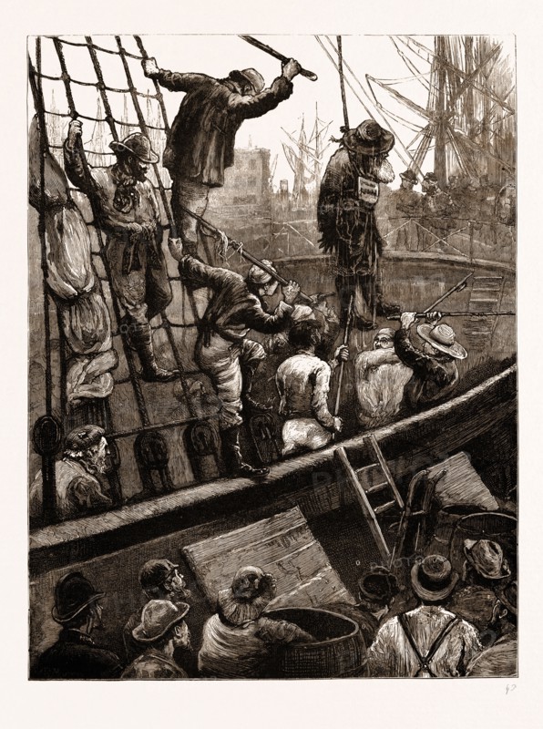 EASTER-TIDE CEREMONIES: "FLOGGING JUDAS ISCARIOT", A SCENE ON BOARD A PORTUGUESE SHIP IN THE LONDON DOCKS, UK, 1876