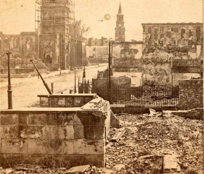 Meeting St., Charleston, S.C., looking South, showing the ruins of Circular church and the Mills House, St. Michael's church in the distance, USA, US, Vintage photography