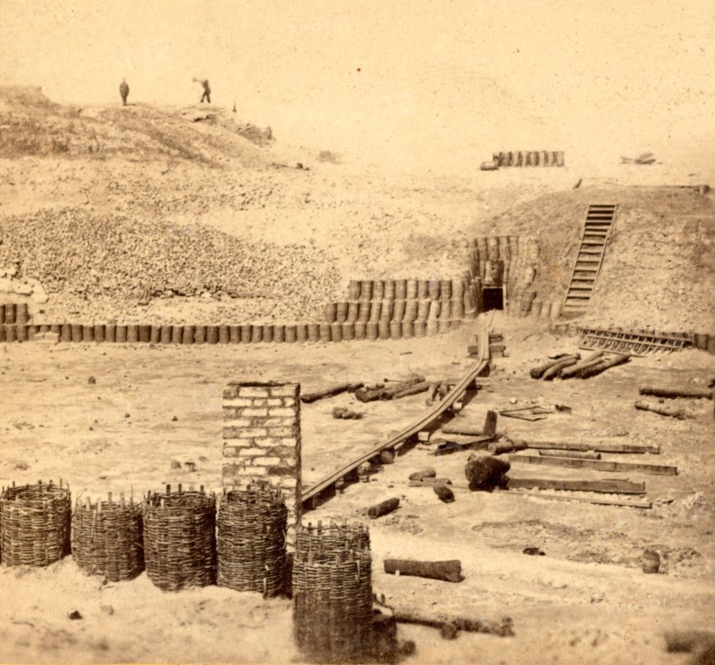 View of Fort Sumpter (i.e. Sumter). Interior, showing sallyport (entrance to the fort). Fort Sumter is a Third System masonry sea fort located in Charleston Harbor, South Carolina. The fort is best known as the site upon which the shots that started the American Civil War were fired, at the Battle of Fort Sumter on April 12, 1861. , Vintage photography
