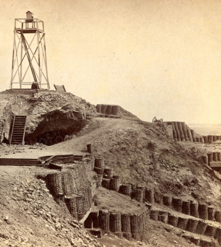 Interior of Fort Sumpter (i.e. Sumter), showing light house. Fort Sumter is a Third System masonry sea fort located in Charleston Harbor, South Carolina. The fort is best known as the site upon which the shots that started the American Civil War were fired, at the Battle of Fort Sumter on April 12, 1861. , Vintage photography