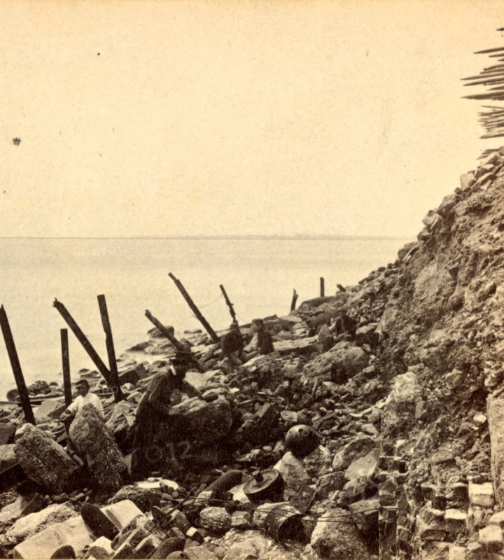 Sea face of Fort Sumpter (i.e. Sumter), looking toward Morris Island. Fort Sumter is a Third System masonry sea fort located in Charleston Harbor, South Carolina. The fort is best known as the site upon which the shots that started the American Civil War were fired, at the Battle of Fort Sumter on April 12, 1861. , Vintage photography