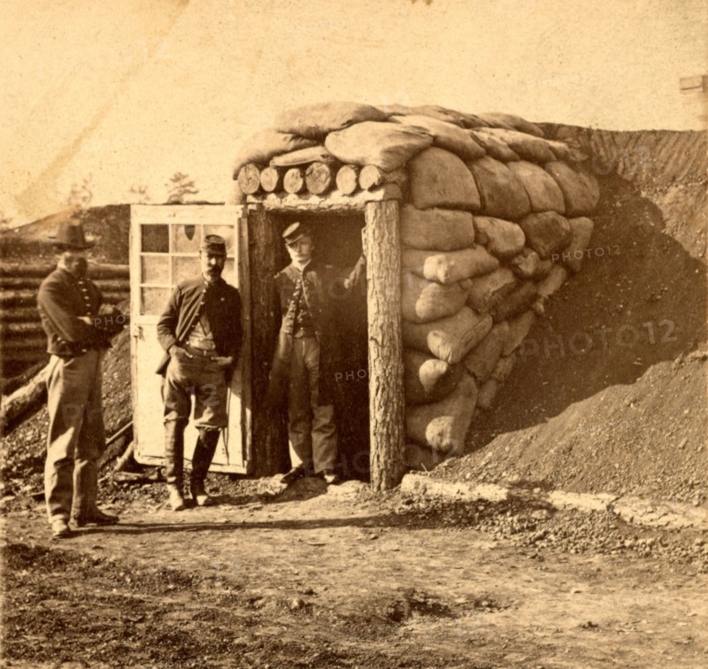 Bomb proof quarters at Ft. Burnham. The sides and top are 7 feet thick, contains two rooms, sleeping and cooking, US, USA, America, Vintage photography