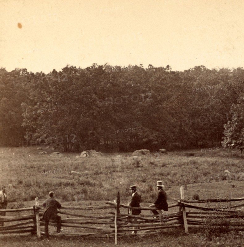 Meadow over which the 2d Mass. and 27th Indiana charged on morning of July 3d. Woods occupied by Confederates, Johnson's Div., Ewell's Corps, US, USA, America, Vintage photography