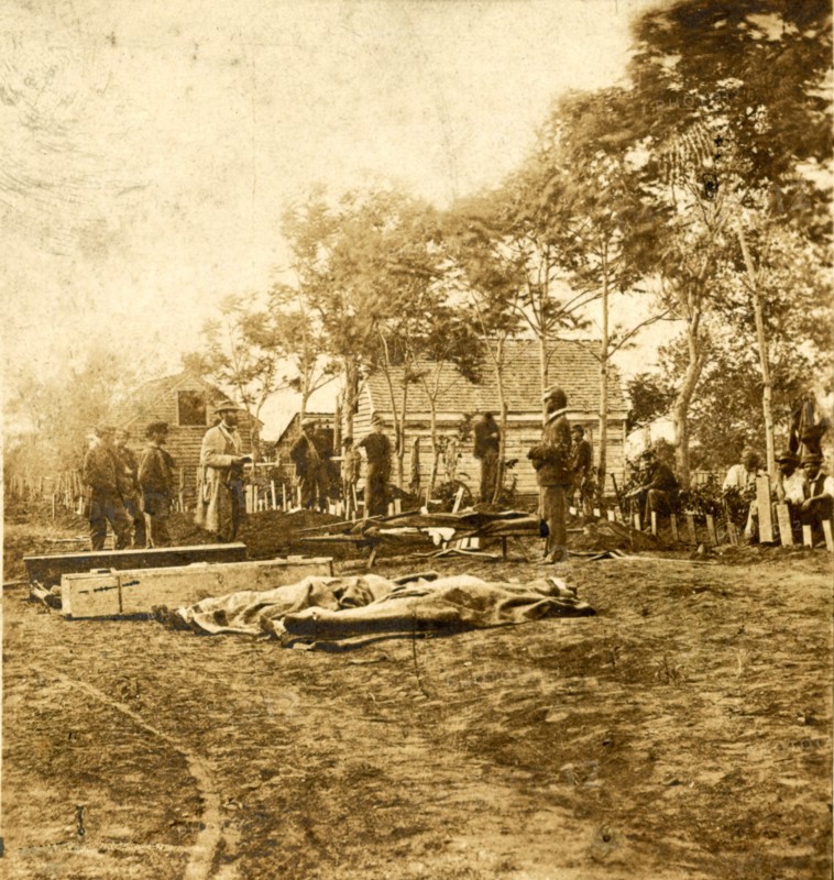 Burial of the Union dead at Fredericksburg, December 15, 1862 (i.e. May 19 or 20, 1864. Working within the Confederate lines under a flag of truce. Our army had retreated, leaving our dead on the field, US, USA, America, Vintage photography
