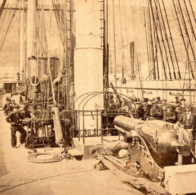 Sailors and a cannon on deck of a gunboat, US, USA, America, Vintage photography