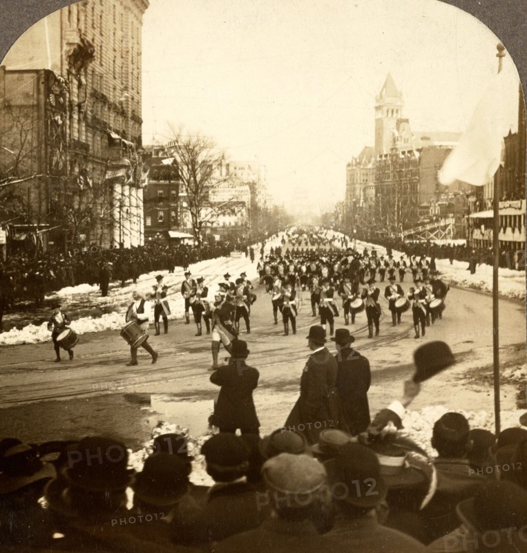 Keeping step to fife and drum. Inaugural parade, Washington, D.C., March 4, 1909, US, USA, America, Vintage photography