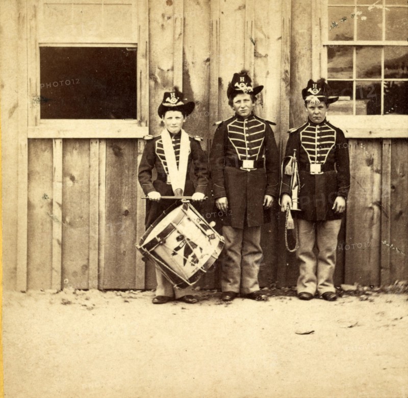 Three drummer boys (now at Ft. Hamilton) who have been in 9 battles of the rebellion, US, USA, America, Vintage photography