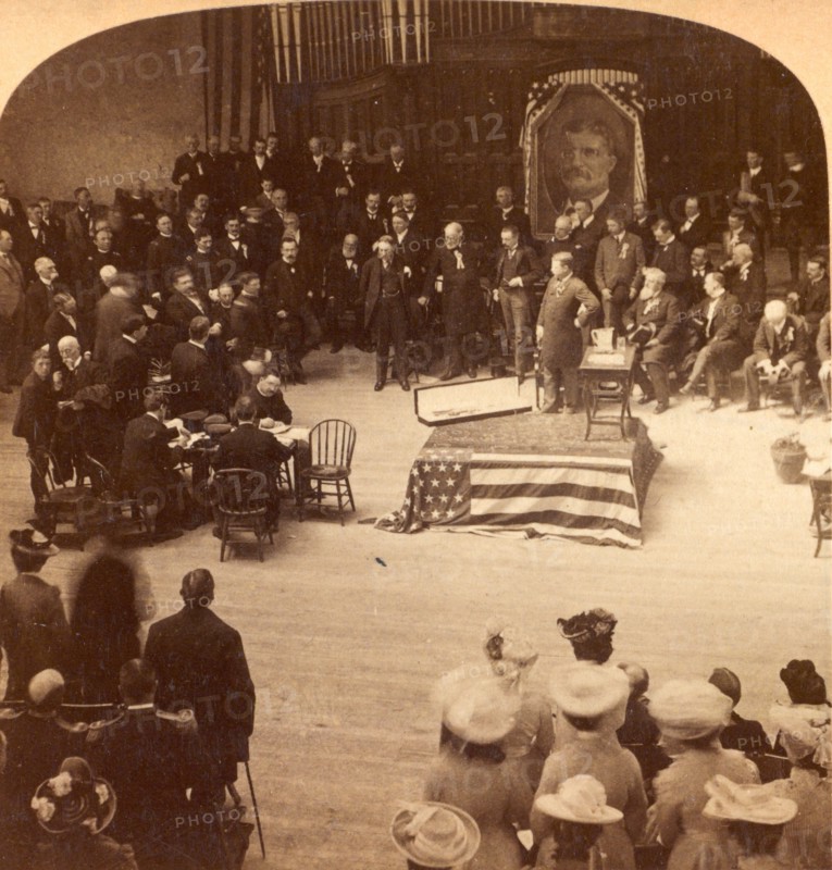 Major Jenkins receiving South Carolina's sword from President Roosevelt, Exposition Auditorium, Charleston, S.C., US, USA, America, Vintage photography