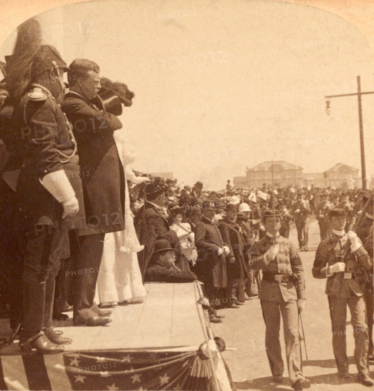 The military parade passing in review before President Roosevelt, Exposition Auditorium, Charleston, S.C., US, USA, America, Vintage photography
