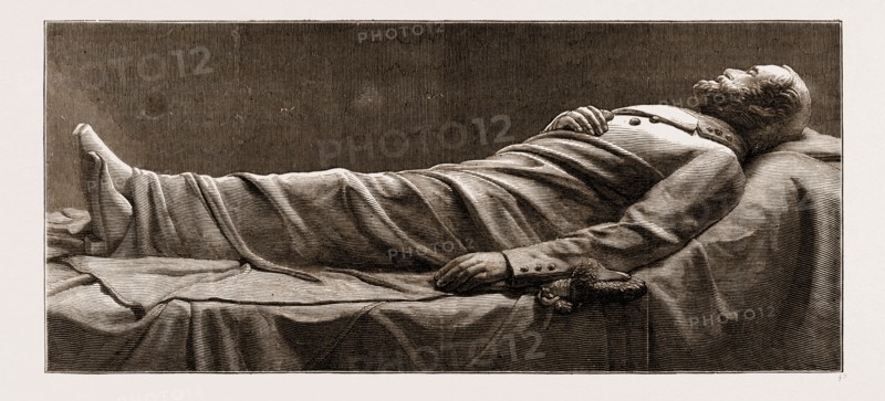 RECUMBENT STATUE OF THE LATE GENERAL LEE, IN THE MAUSOLEUM AT LEXINGTON, VIRGINIA, U.S.A., U.S., US, USA, UNITED STATES, UNITED STATES OF AMERICA, 1876