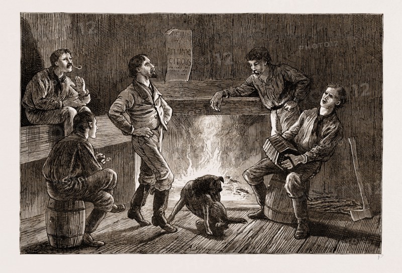 EVENING IN A LOGGER'S HUT: "GIVING THE BOYS A STEP", CALIFORNIA, US, U.S., U.S.A., UNITED STATES, UNITED STATES OF AMERICA, AMERICA