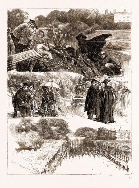 THE MAY CELEBRATION AT CAMBRIDGE UNIVERSITY: 1. Decorating the boats. 2. Garden Party at Sydney College. 3. The Procession of boats
