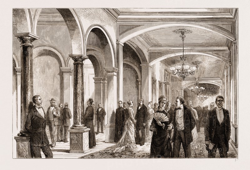 THE AMERICAN CENTENNIAL EXHIBITION: HOTEL LIFE AT PHILADELPHIA: THE CORRIDOR AFTER DINNER, US, U.S., U.S.A., UNITED STATES, UNITED STATES OF AMERICA, 1876
