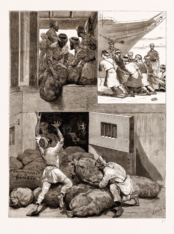 ON THE WAY TO INDIA, SOUTHAMPTON, UK, 1876: 1. Foreign Labour: Lascars Heaving the Chain Cable. 2. Getting the Mail Bags on Board the Deccan.