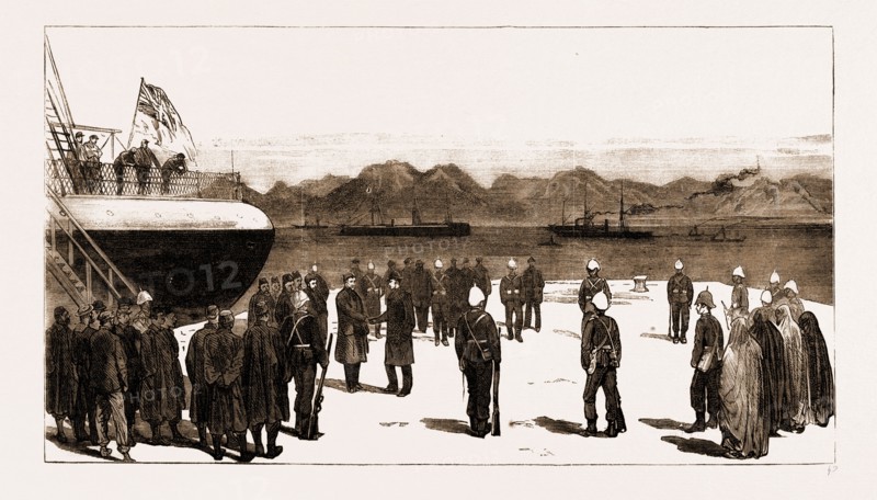 EGYPT AFTER THE WAR: THE HON. MARK NAPIER BIDDING FAREWELL TO ARABI AND HIS FELLOW-EXILES ON THEIR EMBARKATION AT SUEZ FOR CEYLON, 1883