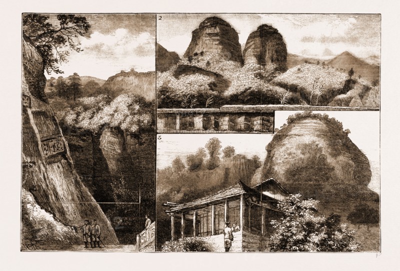 THE BUDDHIST MONASTERY OF TAN HA SHAN, OR RED CLOUD MOUNTAIN, QUANGTUNG, CHINA: 1. The Pass Leading to the Monastery Gate. 2. The View from the Front Verandah of the Hall of the Goddess Maritchi. 3. The Hall of the Goddess Maritchi.
