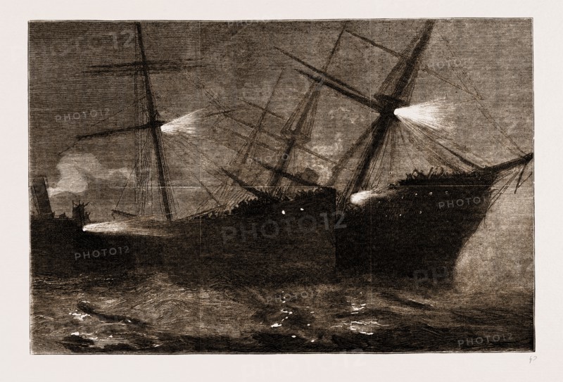 THE FATAL COLLISION AT THE MOUTH OF THE MERSEY BETWEEN THE INMAN MAIL STEAMER "CITY OF BRUSSELS" AND THE HALL LINE STEAMER "KIRBY HALL", 1883