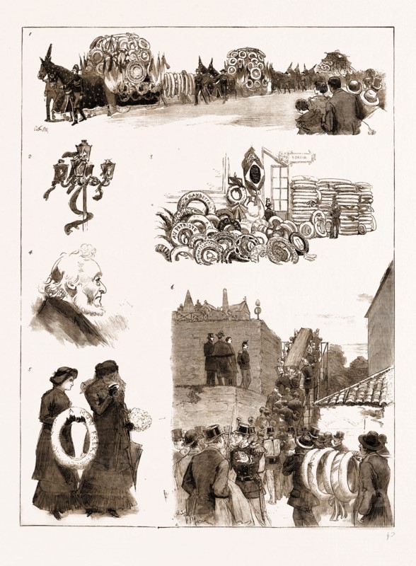 THE FUNERAL OF M. GAMBETTA AT NICE, FRANCE, 1883: 1. The Funeral Procession. 2. A Draped Lamp. 3. At the Nice Railway Station : The Wreaths from Paris. 4. M. Gambetta, the Father of the Deceased Statesman. 5. Mdme. Leris, the Sister of the late M. Gambetta. 6. The Procession Passing Up the Cemetery Steps.