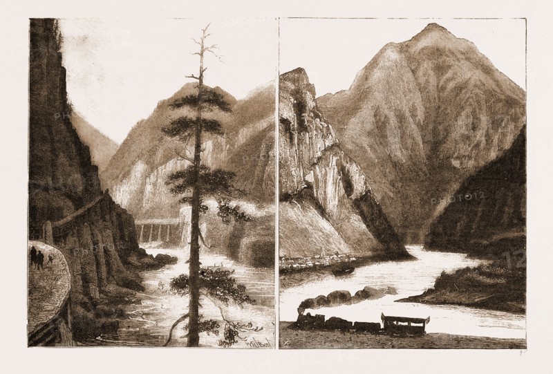 BRIDGE ON THE CANADIAN PACIFIC RAILWAY, WITH A BLUFF ON THE OLD WAGGON ROAD; VALE, AT THE HEAD OF THE LOWEST NAVIGABLE STRETCH OF THE FRASER RIVER, CANADA, 1883