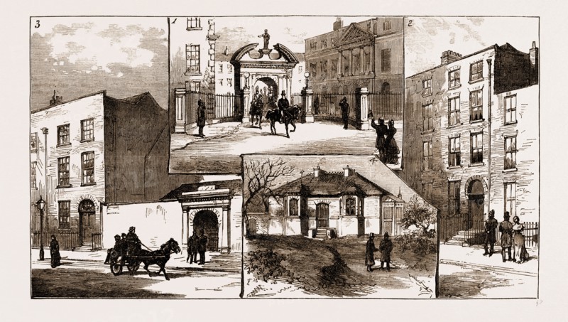 THE MURDER LEAGUE IN DUBLIN, IRELAND, 1883: 1. Corkhill, Where the House Was Taken from which to Assassinate Lord Spencer as He Left the Castle. 2. No. 19A, Denzille Street, the Residence of James Carey. 3. No. 10, Peter Street, One of the Meeting-places of the Murder League. 4. Rosemount Cottage, Kilmainham, Where the Witnesses are Lodged Under Police Protection.
