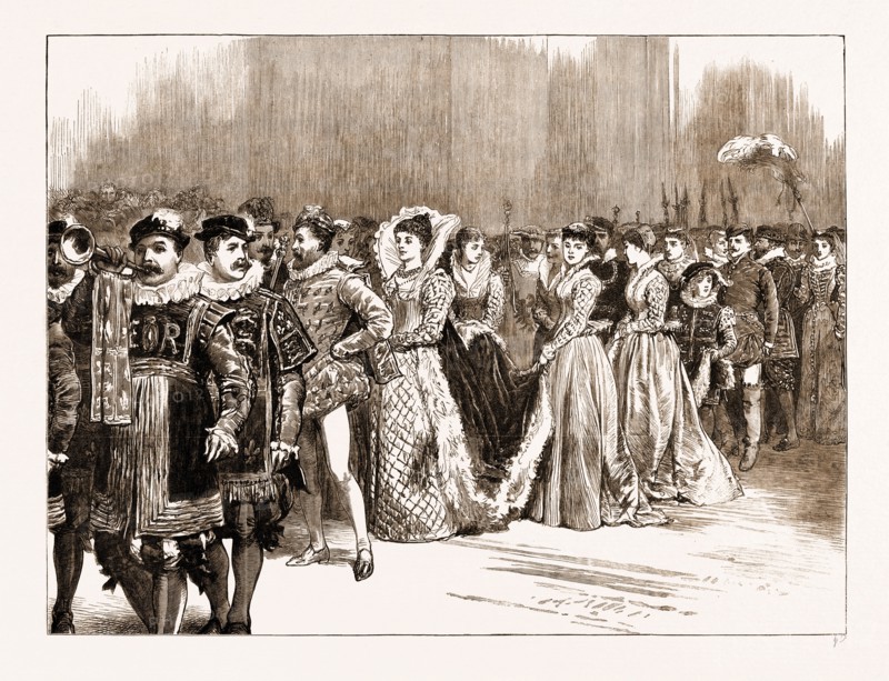 THE SILVER WEDDING OF THE IMPERIAL PRINCE AND PRINCESS OF GERMANY, 1883: THE OLD ENGLISH PROCESSION: QUEEN ELIZABETH AND HER COURT