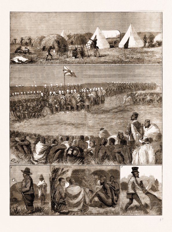 THE RESTORATION OF CETEWAYO, THE INSTALLATION AT INTONYANENE, 1883. 1. Cetewayo's Temporary Kraal at Intonyanene. 2. Installation of Cetewayo by Sir Theophilus Shepstone at Intonyanene. 3. Cetewayo's Only Son and his Tutor. 4. The King's Zulus Watching their food Cooking. 5. The Chief Butcher