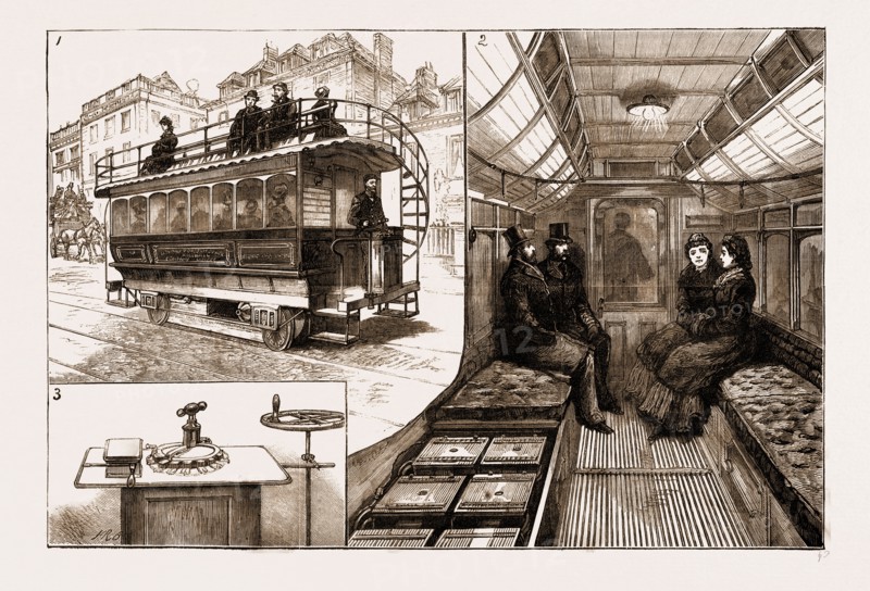 THE NEW ELECTRIC TRAMCAR AT KEW BRIDGE, LONDON, UK, 1883: 1. The Car. 2. The Interior of the Car, With One of the Cushions Removed to Show the Accumulators. 3. The Starting and Reversing Handles.