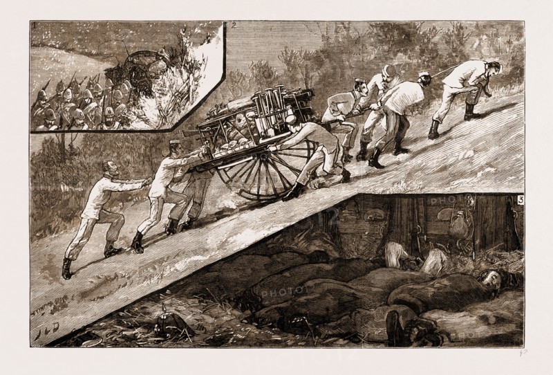 THE VOLUNTEER REVIEW AT BRIGHTON: THE MARCH DOWN OF THE BAGGAGE GUARD OF THE ARTISTS' CORPS (20TH MIDDLESEX), 1883: 1. A Snowstorm on Banstead Downs, Wednesday, the 21st Inst. 2. The Artists Dragging the New Army Carriage ("Moncrieff's Wheel"). 3. Night Quarters in a Barn.