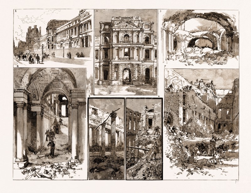 PARIS, THE DEMOLITION OF THE TUILERIES, FRANCE, 1883: 1. A General View. 2. The Central Pavilion. 3. Galleries on the Ground Floor. 4. The Grand Staircase. 5. The Salles des Fetes. 6. The Chapel. 7. The Apartments of the Imperial Family.
