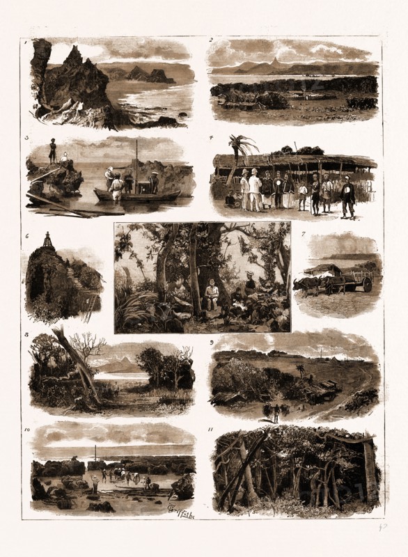 VIEWS AT THE SOUTH CAPE OF FORMOSA, 1883: 1. A Coral Beach on the South-East Coast. 2. The Bay at the South Cape. 3. Divers Blasting Coral to Clear the Channel. 4. A Mandarin's Mat-House. 5. A Quiet Luncheon at Noon. 6. A Temporary Lighthouse. 7. Engineer's Hut and Bullock Cart. 8. A Clearing-place in the Jungle. 9. A View of the Light Station. 10. A Landing Place for Stores. 11. In a Banian Thicket.