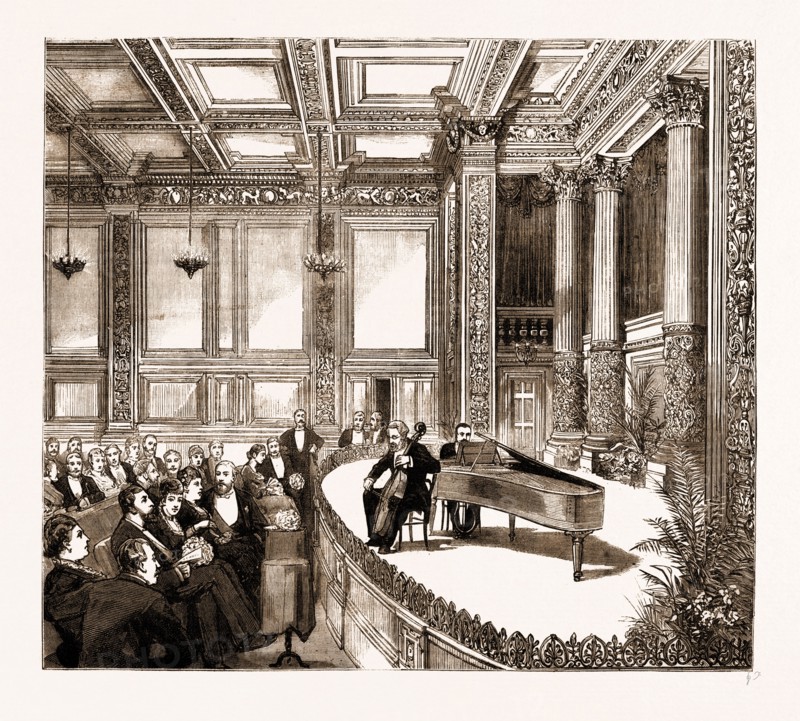 THE OPENING OF THE NEW BUILDING OF THE INSTITUTE OF PAINTERS IN WATER-COLOURS, PICCADILLY, BY THE PRINCE OF WALES: THE INAUGURAL CONCERT IN THE PRINCE'S HALL, LONDON, UK, 1883