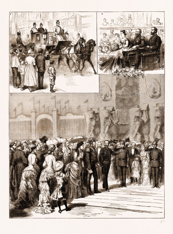 THE OPENING OF THE AMSTERDAM EXHIBITION BY THE KING AND QUEEN OF THE NETHERLANDS, 1883: 1. The King and Queen Going to the Exhibition. 2. The Royal Party Entering the Exhibition. 3. The Royal Box at the Gala Performance at the Park Theatre.