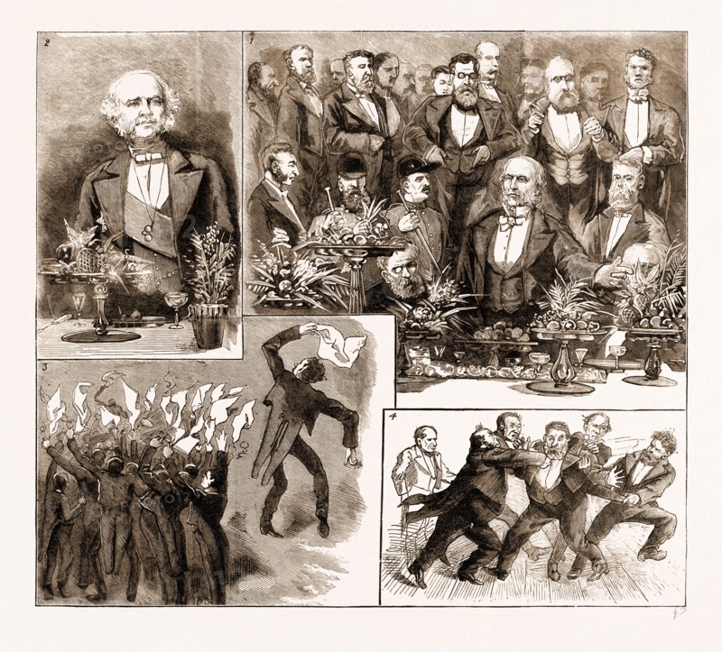THE INAUGURAL BANQUET OF THE NATIONAL LIBERAL CLUB AT THE WESTMINSTER AQUARIUM, LONDON, UK, 1883: 1. Mr. Gladstone Speaking. 2. Lord Granville Speaking. 3. Cheering Mr. Gladstone. 4. Ejecting an Intruder.