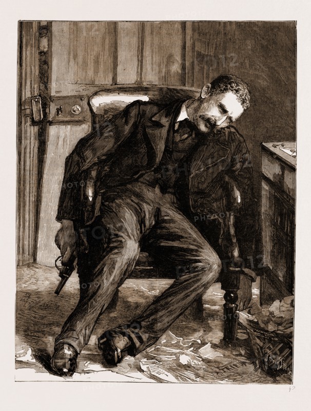 LIKE SHIPS UPON THE SEA, DRAWN BY SYDNEY HALL, 1883; Mario Masi sat in the editorial chair. His head, supported against the back of it, was inclined to one side; his right hand hung down eith a revolver still grasped in it; a stream of blood trickled from his right ear.