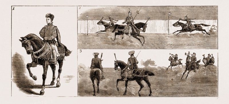 TOURNAMENT AT ROME IN HONOUR OF THE DUKE OF GENOA AND HIS BRIDE, THE PRINCESS ISABELLA OF BAVARIA, ITALY, 1883: 1. H.R.H. Victor Emmanuel, Prince of Naples, Crown Prince of Italy. 2. Spitting the Heads. 3. The Heralds.
