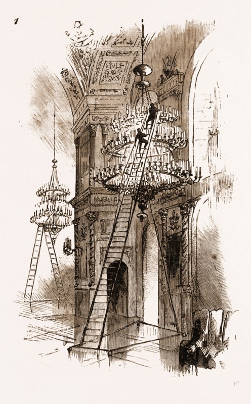THE CORONATION OF THE CZAR OF RUSSIA, 1883: PREPARATIONS IN THE KREMLIN, MOSCOW, Moujiks Cleaning a Chandelier.