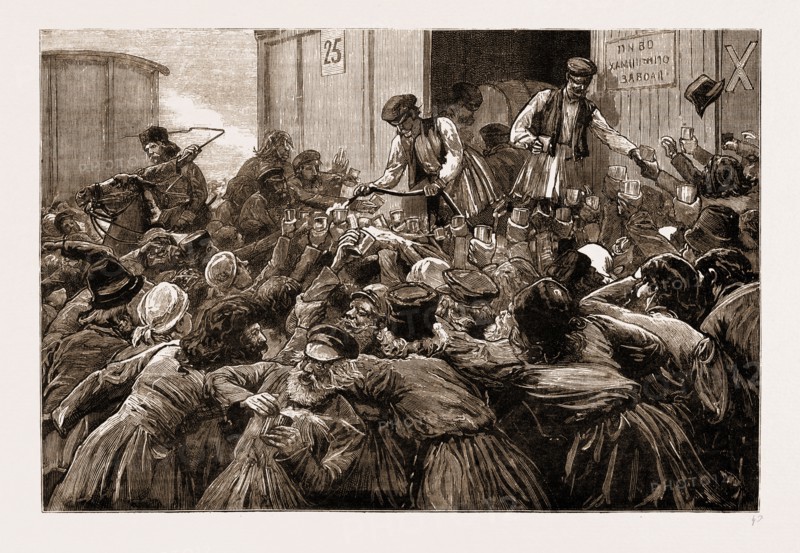 THE CORONATION OF THE CZAR OF RUSSIA, 1883: THE PEOPLE'S FETE ON THE KHODINSKY COMMON, MOSCOW: THE RUSH FOR BEER