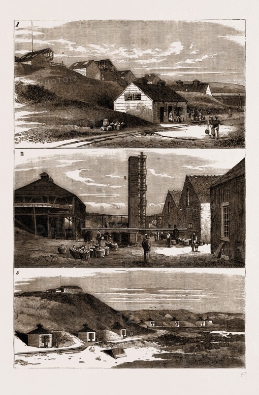 NOBEL'S DYNAMITE MANUFACTORY, ARDEER, AYRSHIRE, 1883: 1. Glycerine Nitrating House, Separating and Washing Houses, and Packing House. 2. Nitric Acid Factory. 3. Huts in which Dynamite is Made into Cartridges.